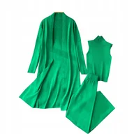 Komplety bielizny - KOBIECY 3-CZĘŚCIOWY ZESTAW TOP Z GOLFEM KARDIGAN SPODNIE DZIANINOWE ZIELONY - miniaturka - grafika 1