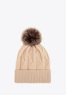 Czapki damskie - Czapka damska z kontrastującym pomponem beżowa - miniaturka - grafika 1