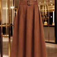 Spódnice - TEMU Damska Spódnica Midi A-Line z Wysokim Stanem - Musztardowo-Żółta (Brązowa), Regulowany Stan, Strukturalna Długa Spódnica, Na Co Dzień i - miniaturka - grafika 1