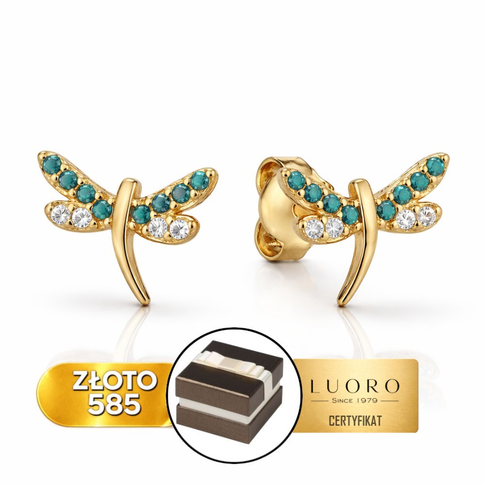 KOLCZYKI ZŁOTE 585 14K WAŻKI Z TURKUSEM I CYRKONIAMI SZTYFT 0,8 CM