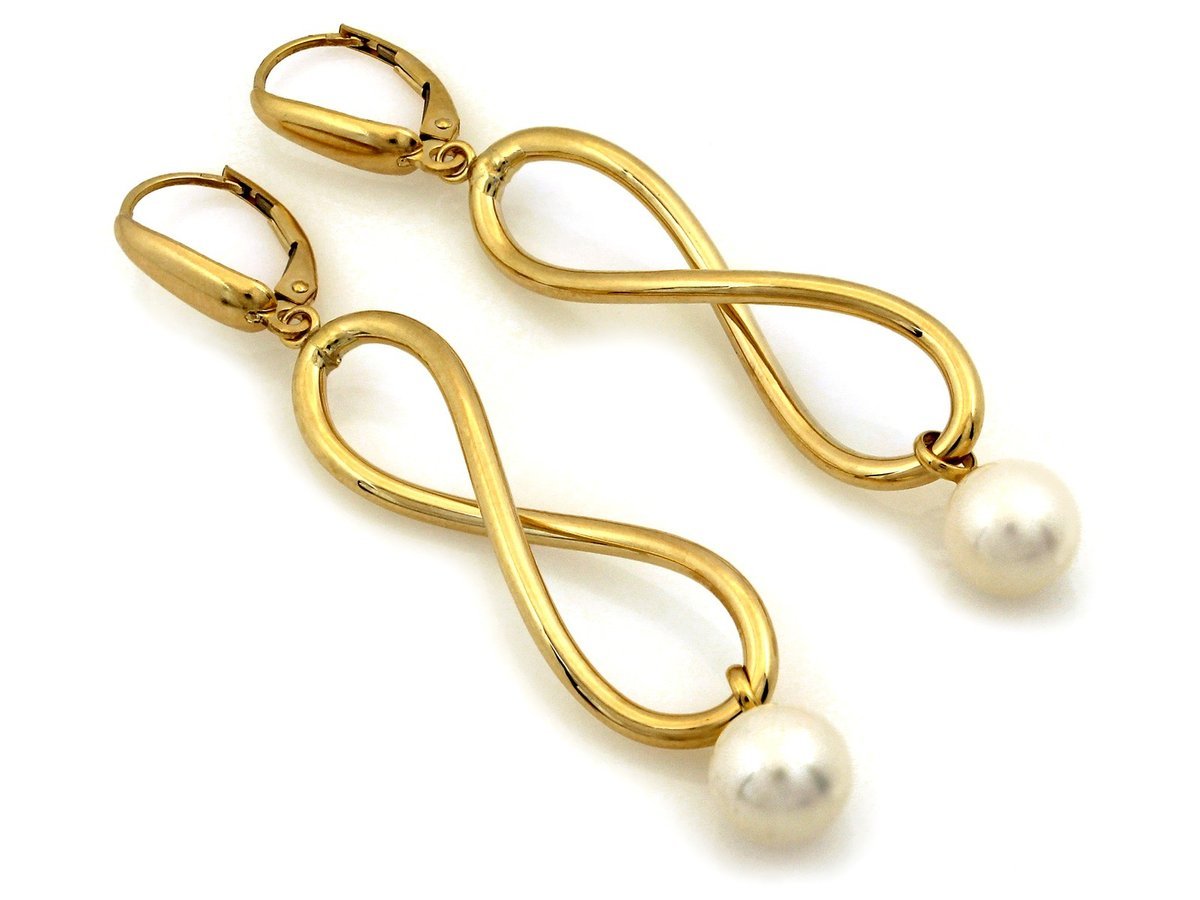 Kolczyki złote 585 długie sztywne nieskończoności z wiszącą perłą 3.56g