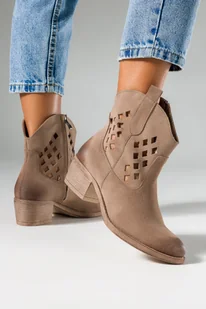 Beżowe botki skórzane damskie kowbojki ażurowe PRODUKT POLSKI Casu 093R - Botki damskie - miniaturka - grafika 1