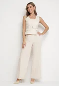 Komplety damskie - Jasnobeżowy Komplet Garniturowy z Wiskozą Kamizelka z Paskiem i Spodnie Firlivin - miniaturka - grafika 1