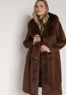 Płaszcze damskie - Brązowy Płaszcz Ozdobiony Odpinanym Futerkiem Lianossa - miniaturka - grafika 1