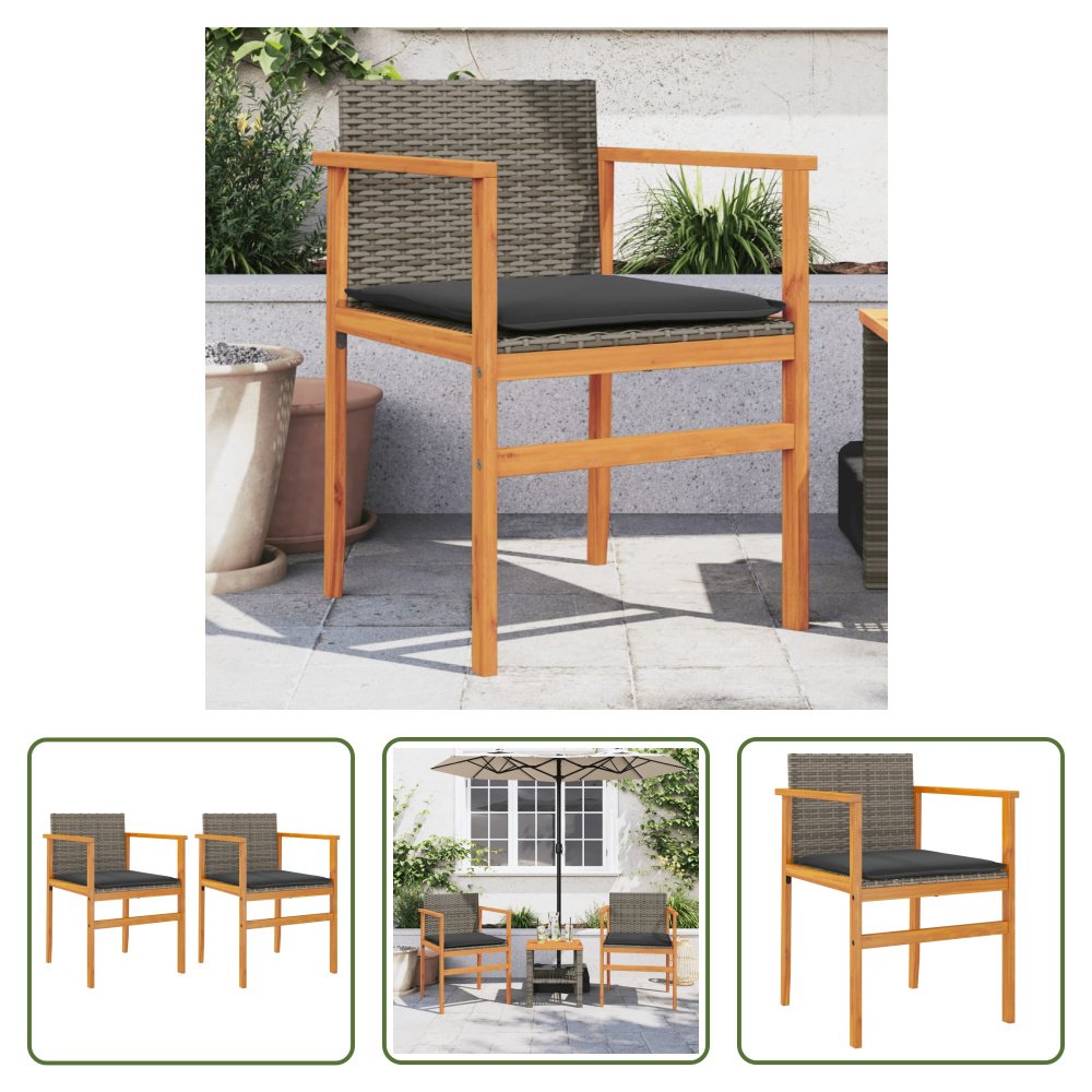 The Living Store Krzesła ogrodowe z poduszką 2 szt. Szary polirattan lite drewno