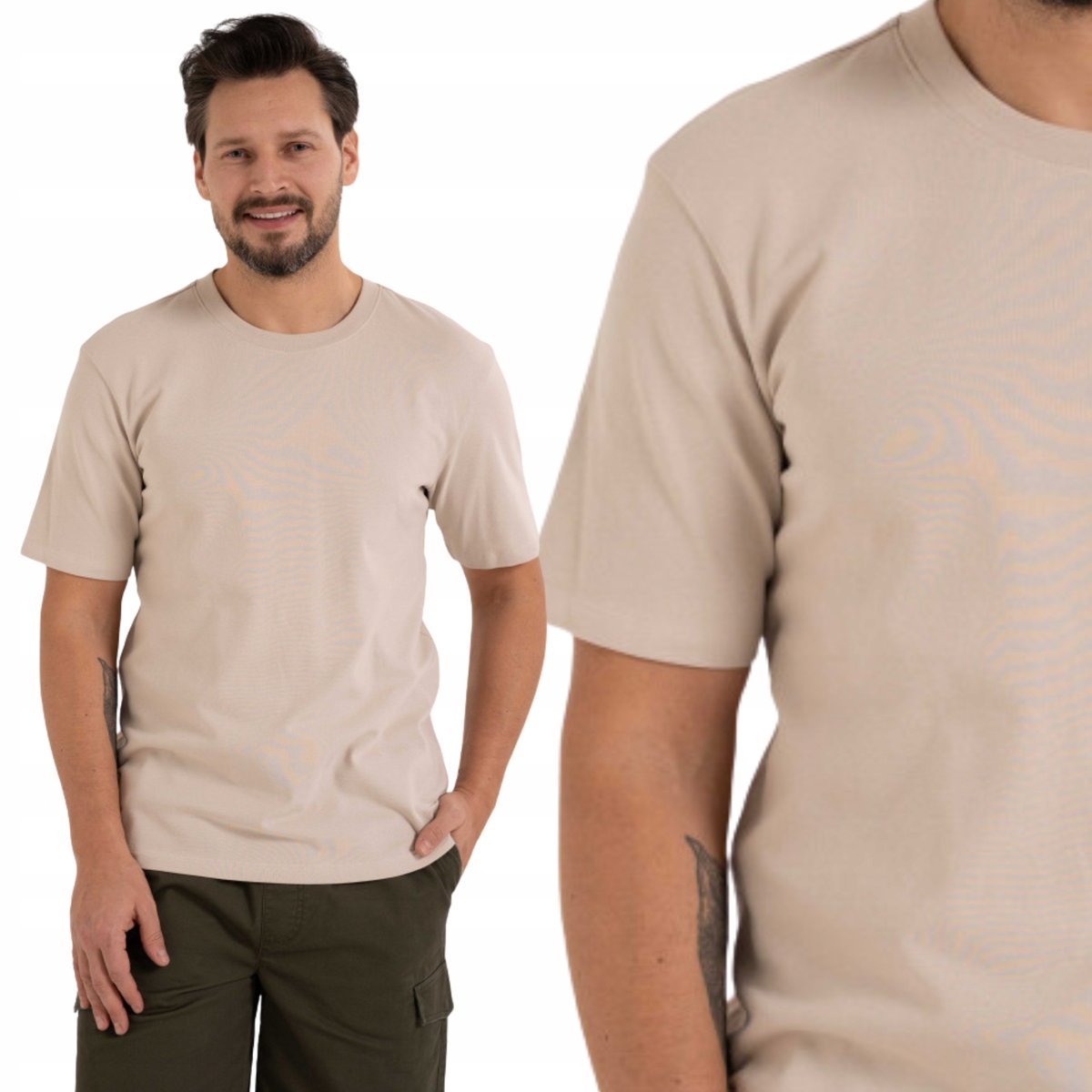 KOSZULKA MĘSKA T-SHIRT Z BAWEŁNY CZESANEJ KLASYCZNA WYGODNA MORAJ L BEIGE
