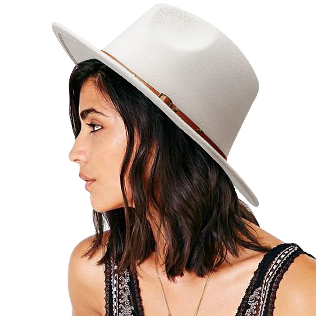 DRESHOW Kapelusz z Szerokim Rondem Fedora dla Kobiet Zapięcie na Pasek Retro Panama Floppy Hat