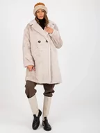 Płaszcze damskie - Płaszcz jasny beżowy casual zimowy rękaw długi długość przed kolano podszewka kieszenie dwurzędowy guziki dwurzędowe - miniaturka - grafika 1