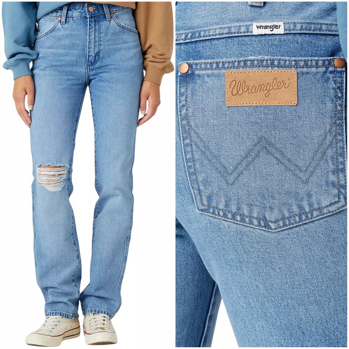 Wrangler Wild West wysokie damskie spodnie jeansowe z dziurą 7/8 W27 L32