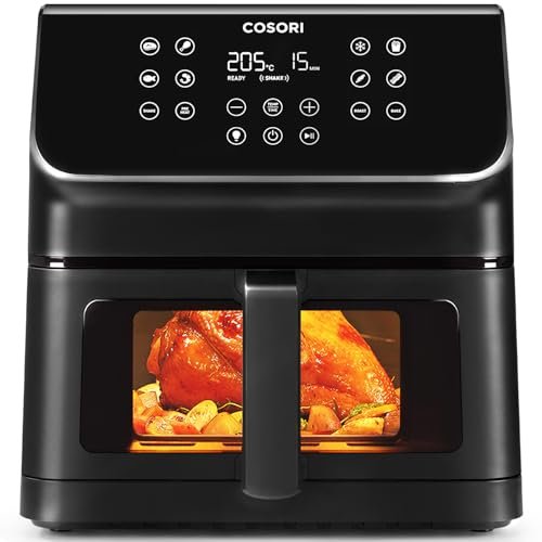 COSORI Frytkownica powietrzna 6,2 l z oknem, frytkownica powietrzna z 12 funkcjami(pieczenie i pieczenie), wyświetlacz One-Touch, regulowany czas i temperaturę 75-205 ℃, 30 przepisów papierowych i 50