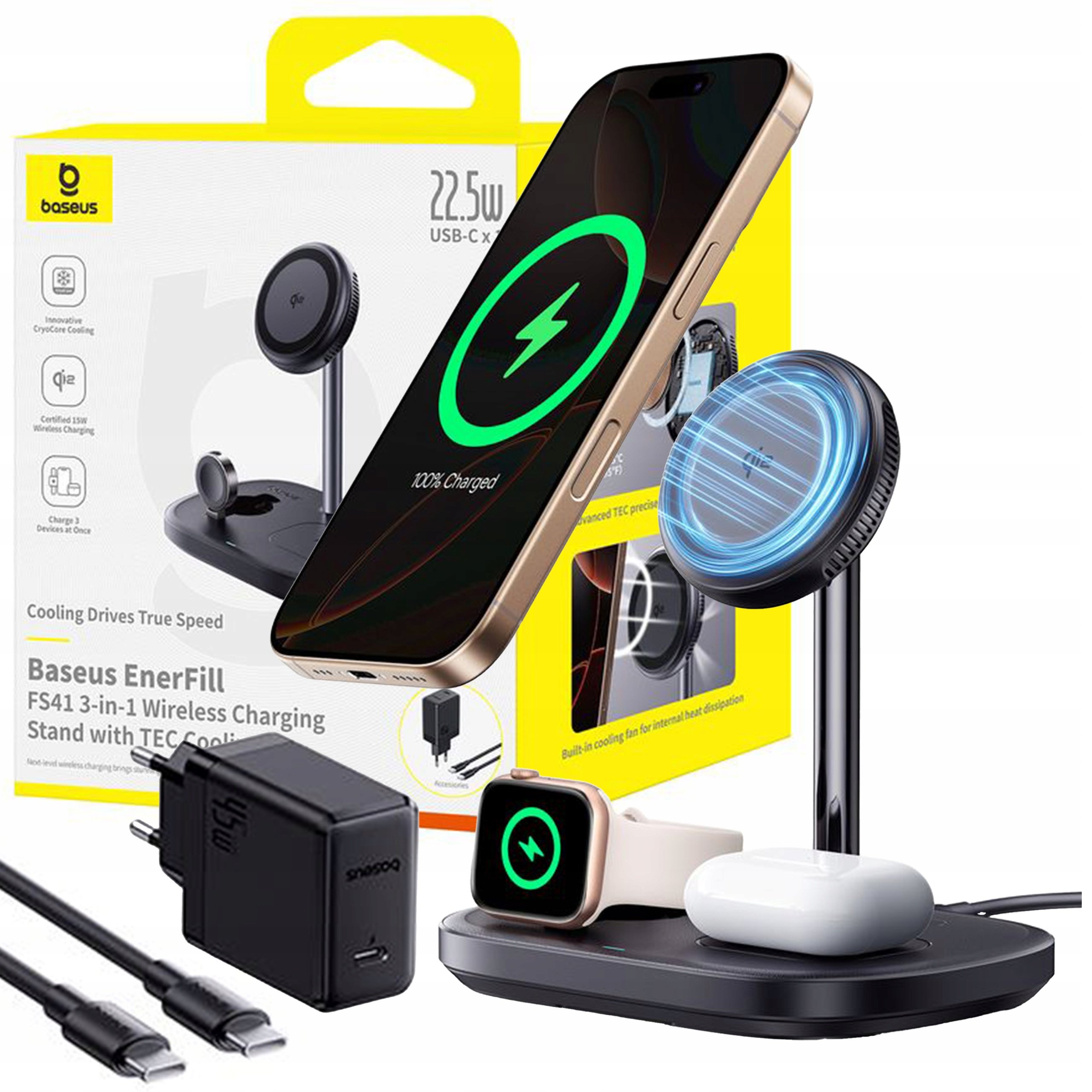Ładowarka Baseus Ładowarka indukcyjna Baseus EnerFill FS41 3w1 z chłodzeniem z wtyczką EU 45W i kablem USB-C do USB-C - czarna