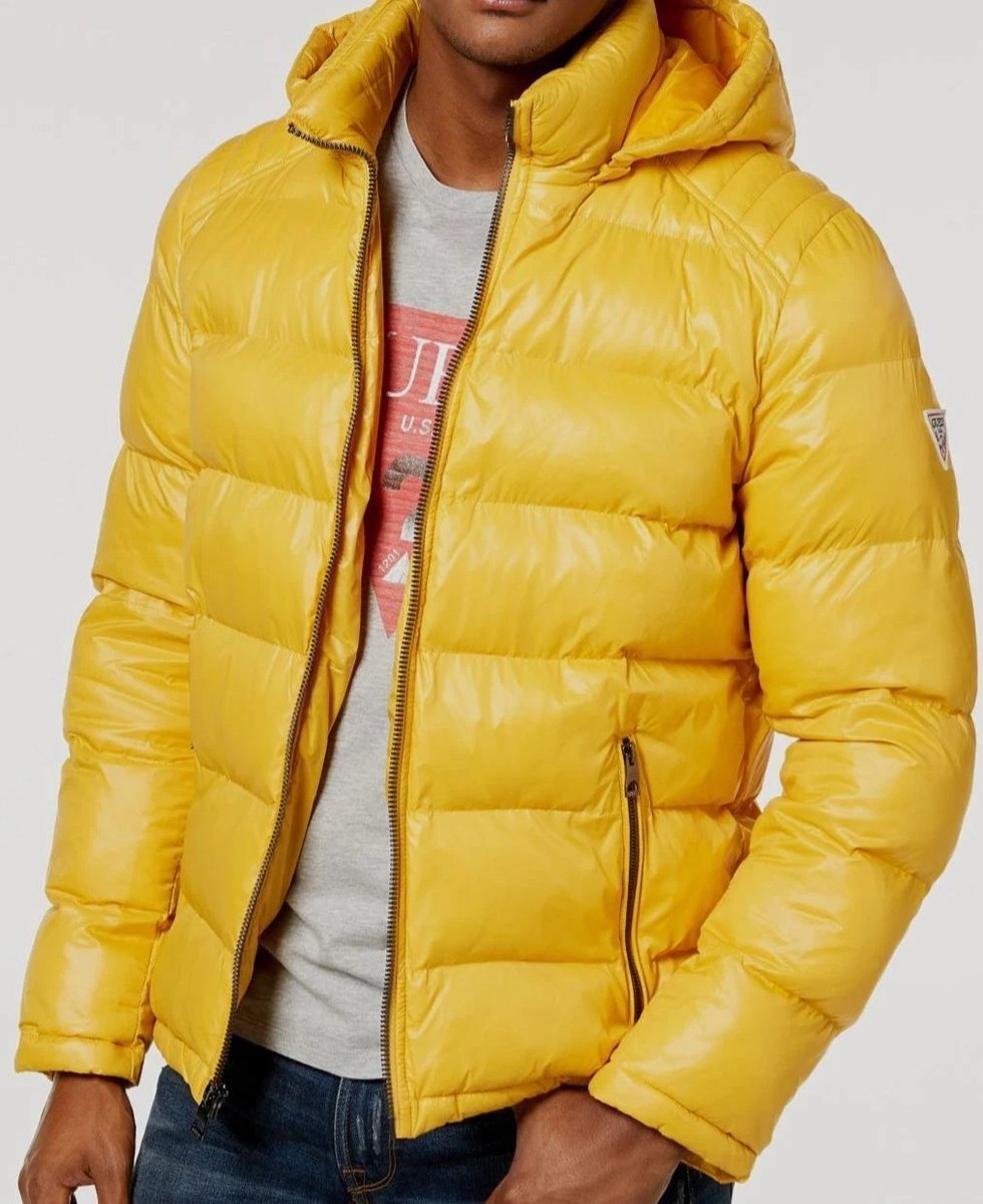 Kurtka męska GUESS – żółta bomberka z odpinanym kapturem, rozmiar S