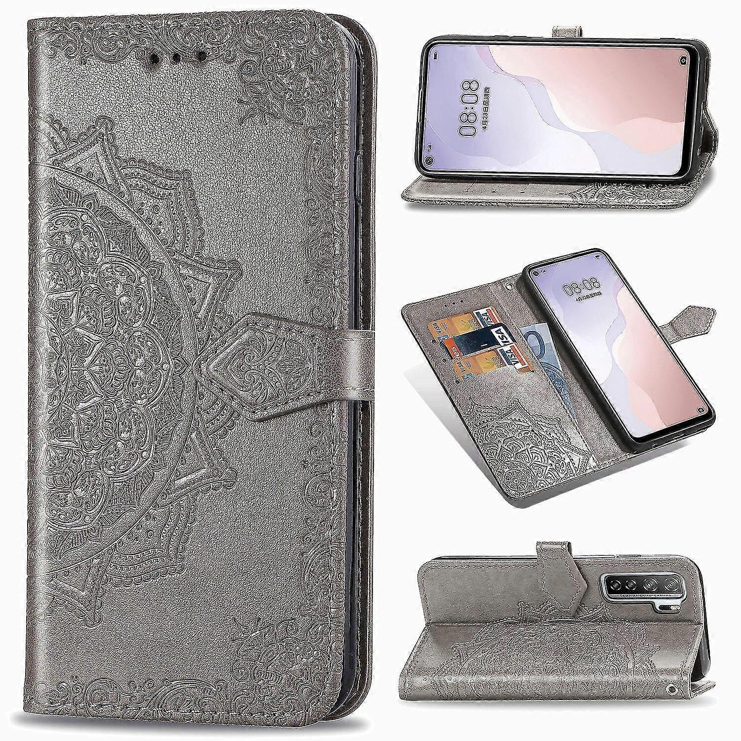 Nowe etui kompatybilne z Huawei P40 Lite 5g Cover Skórzany portfel Cover Emboss Mandala Magnetic Flip Protection Odporny na wstrząsy - szary