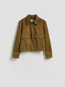 Kurtki damskie - Reserved - Krótka kurtka z imitacji zamszu - oliwkowy - miniaturka - grafika 1