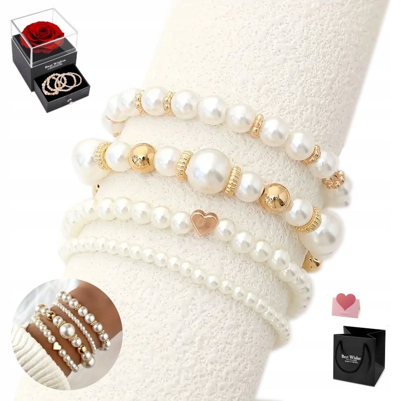 Bransoletka Damska Perłowa PERŁY Diamentowana ZESTAW 4 sztuki Szkatułka