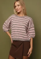 Swetry damskie - Brązowy Sweter z Wełną i Bufiastymi Rękawami w Paski Kaonne - miniaturka - grafika 1