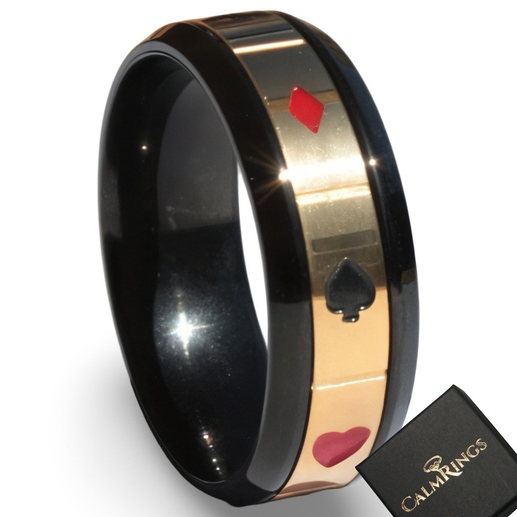 Pierścień Sygnet Antystresowy Czarno-Złoty fidget KARTY Stal UNISEX Poker