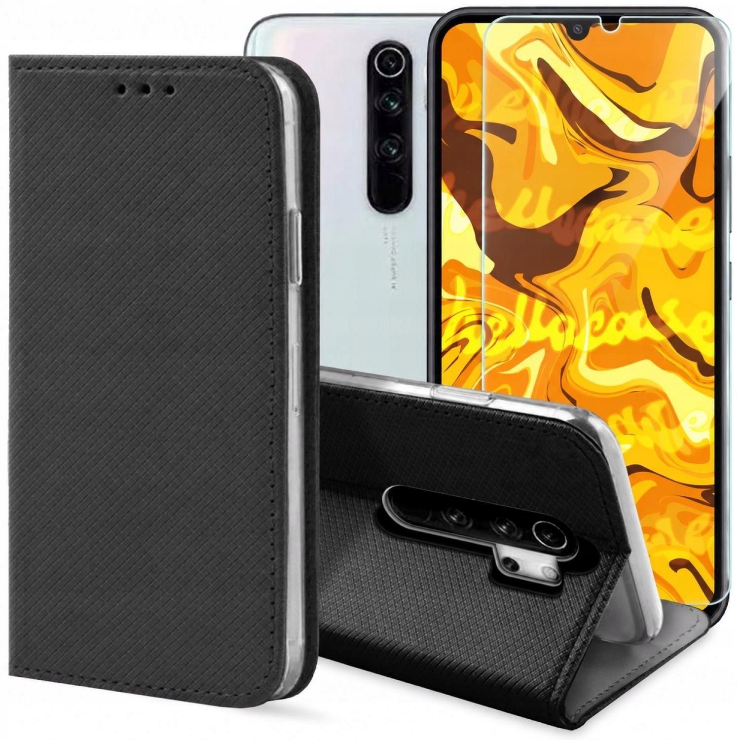 Hello Case Etui z klapką Do Xiaomi Redmi Note 8 Pro czarne, zamykane, kabura szkło BNDL0512