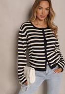 Swetry damskie - Granatowy Kardigan z Wiskozą o Klasycznym Kroju w Prążki Nolreis - miniaturka - grafika 1