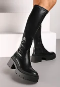 Kozaki damskie - Czarne Kozaki na Obcasie Typu Słupek z Wysoką Dopasowaną Cholewką Laoliana - Renee - miniaturka - grafika 1