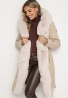 Kurtki damskie - Jasnobeżowa Kurtka Parka z Kapturem Futrzaną Wyściółką i Ściągaczem w Talii Semarien - miniaturka - grafika 1