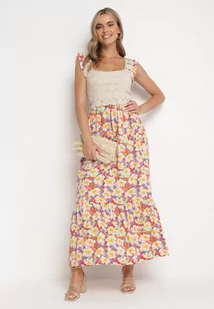 Żółto-Czerwona Rozkloszowana Sukienka Maxi z Wiskozy w Kwiatowy Print Jamiliana - Sukienki - miniaturka - grafika 1