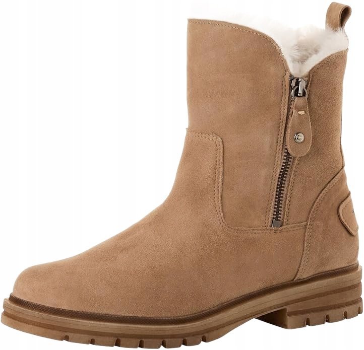 TAMARIS BEŻOWY BOTKI ZA KOSTKĘ Z FUTERKIEM ZAMSZOWE 39 6AA