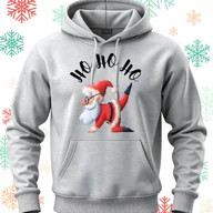 Bluzy męskie - Bluza uniwersalna typu kangurka z kapturem Ho Ho Ho Mikołaj rozmiar 3XL jasnoszara świąteczna - miniaturka - grafika 1