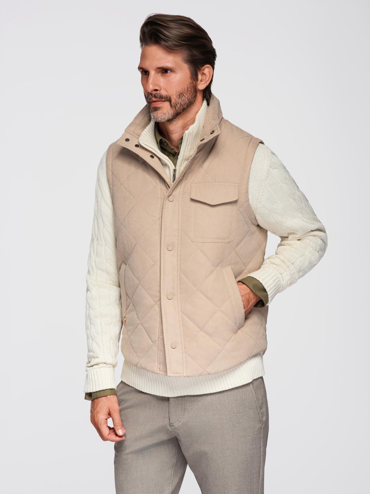 Pikowana męska kamizelka z efektem peach beżowy V1 OM-JAVJ-0277 L/XL