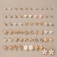 Kolczyki - TEMU Zestaw 30 par modnych i łatwych w noszeniu naszyjników z różami, kokardkami, sercami, angielskimi literami, okrągłymi geometrycznymi wzorami, - miniaturka - grafika 1