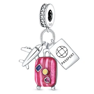 Zawieszka Srebro 925 Charms Koralik Do Pandora Podróż Wakacje Samolot Walizka Paszport - Wisiorki - miniaturka - grafika 1
