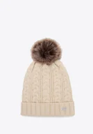 Czapki damskie - Czapka damska z warkoczowym splotem i pomponem jasnobeżowa - miniaturka - grafika 1