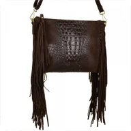 Torebki damskie - Borse in Pelle włoska listonoszka z frędzlami skóra naturalna wzór aligatora brąz czekolada - miniaturka - grafika 1