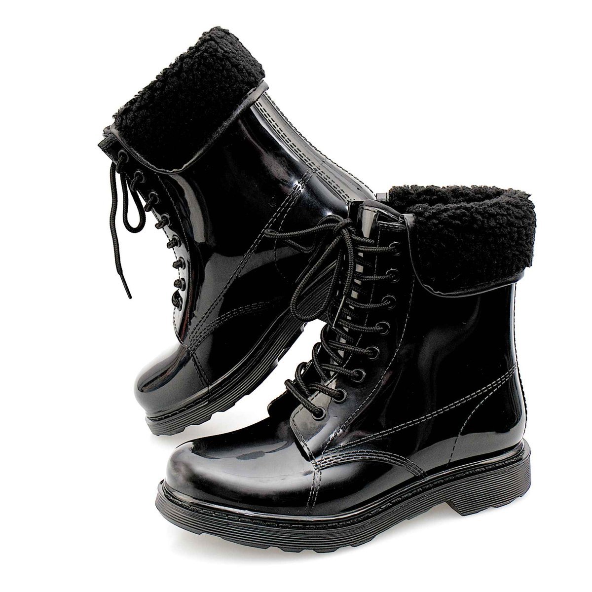 Kalosze Damskie Lakierowane Ocieplane Z Futerkiem Czarne R.37