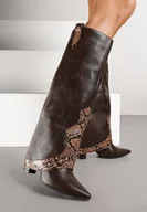 Kozaki damskie - Brązowe Kozaki na Słupku z Wywiniętą Cholewką i Wężowymi Zdobieniami Alffera - miniaturka - grafika 1