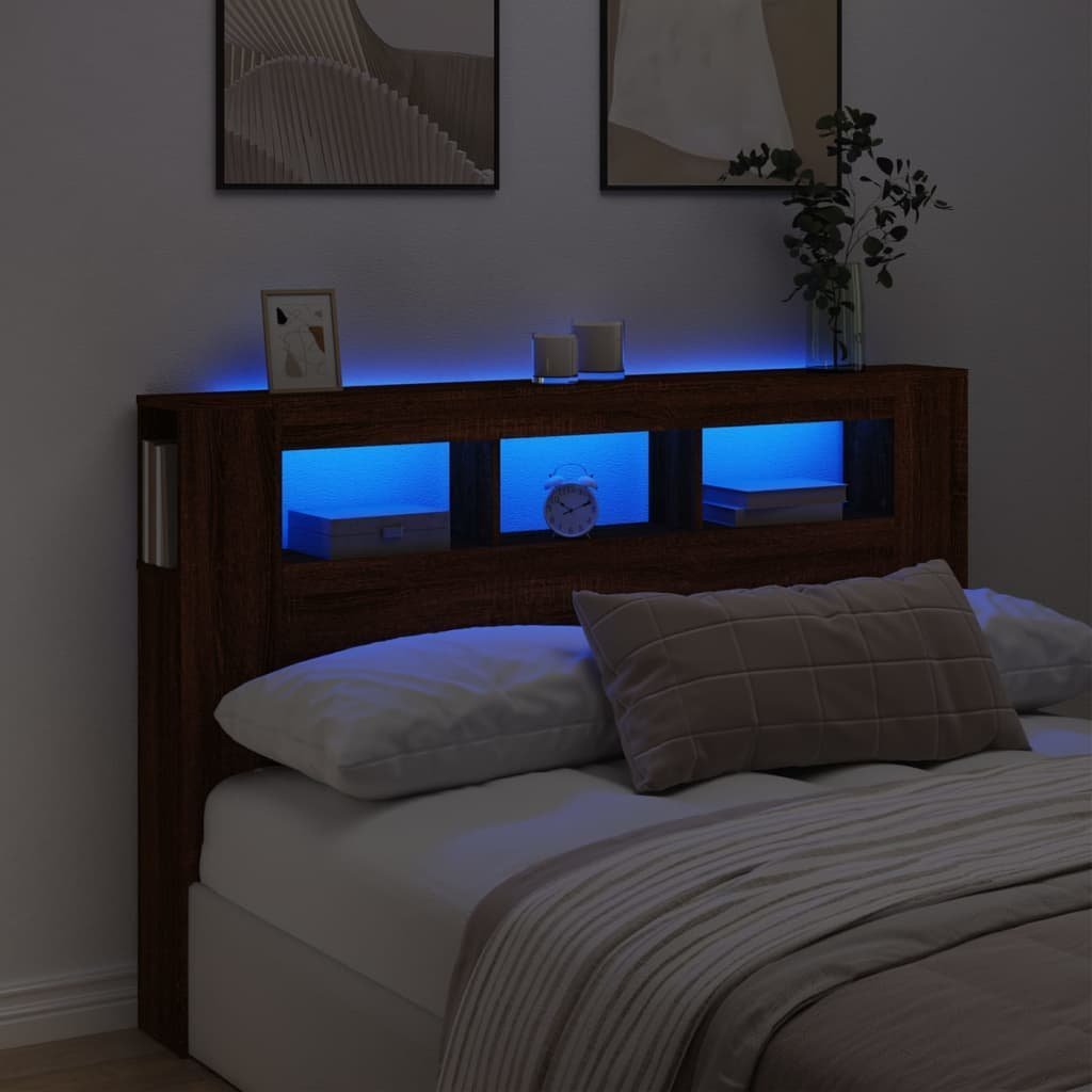 vidaXL Wezgłowie łóżka z LED, brązowy dąb, 160x18,5x103,5 cm