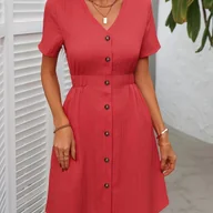 Sukienki - TEMU Letnia Sukienka-Kardigan z Dekoltem w Serek i Guzikami dla Kobiet - A-Linia, Czerwony Jednokolorowy, Nieelastyczny Materiał do Prania w Pralce, - miniaturka - grafika 1