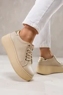 Półbuty damskie - Beżowe sneakersy skórzane damskie creepersy sznurowane złote dodatki PRODUKT POLSKI Casu 516 - miniaturka - grafika 1