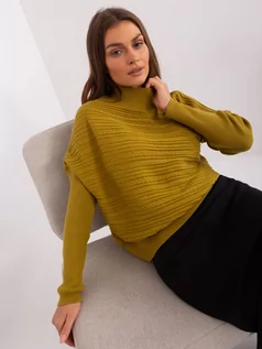 Swetry damskie - Sweter asymetryczny oliwkowy casual dekolt golf rękaw długi - grafika 1