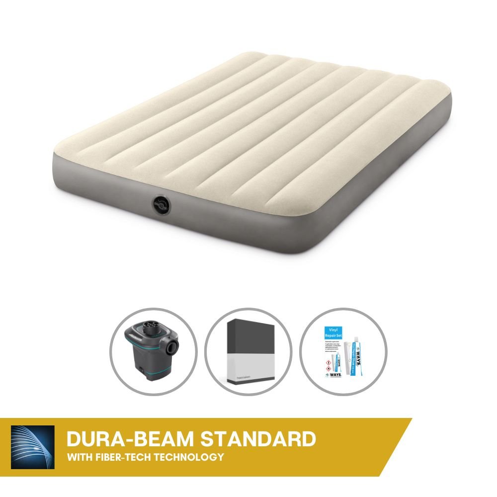 Dmuchane łóżko Intex - 2 osoby - 137 x 191 x 25 cm - beżowe + pompka elektryczna Intex - 650 litrów/min + prześcieradło czarne + zestaw naprawczy