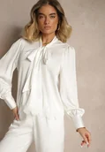 Bluzki damskie - Biała Bluzka Wiązana Przy Dekolcie z Ażurową Koronką na Dole Haliritia - miniaturka - grafika 1