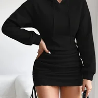 Sukienki - TEMU Youduomi Elegancka Czarna Sukienka z Kapturem dla Kobiet - Retro-Inspirowana z Długim Rękawem, Sznurkiem i Marszczeniami, Casualowa Mieszanka - miniaturka - grafika 1