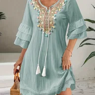 Sukienki - TEMU Elegancka Sukienka z Dekoltem w Serek i Kolorowymi Haftowanymi Detalami z Koralików, Rękawami z Chwostem oraz Dołkami na Końcu - 100% Poliester, - miniaturka - grafika 1