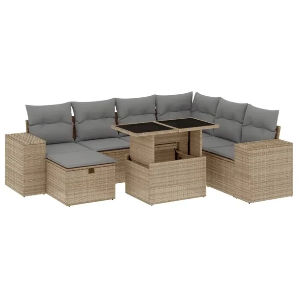 Zestaw wypoczynkowy rattan PE beżowy 7 poduszek 75x55x69 cm