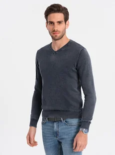 Washowany sweter męski z dekoltem w serek - granatowy V2 OM-SWOS-0108 - Ombre Clothing - Swetry męskie - miniaturka - grafika 1