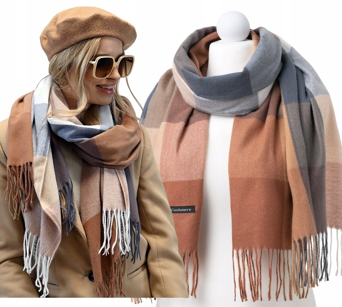 KASZMIROWY SZALIK KRATA PIĘKNY DUŻY SZAL MODNY DAMSKI SZAL NA PREZENT WZ1