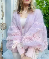 Swetry damskie - Różowy kardigan z balonowymi rękawami - miniaturka - grafika 1