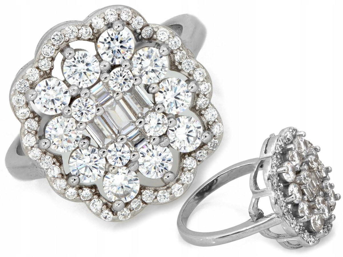 Duży srebrny pierścień 925 z białymi cyrkoniami r14 na prezent 4.36g bogaty
