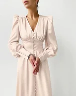 Sukienki - Długa satynowa sukienka z bufiastymi rękawami - Beżowy - miniaturka - grafika 1