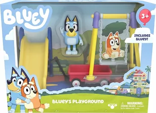 Bluey Bluey Zestaw do zabawy w parku: Bluey przegubowa figurka 2,5 cm i trzyczęściowy zestaw do zabawy w parku z huśtawką, zjeżdżalnią i wagonem, oficjalna zabawka kolekcjonerska 13016 - Figurki dla dzieci - miniaturka - grafika 2
